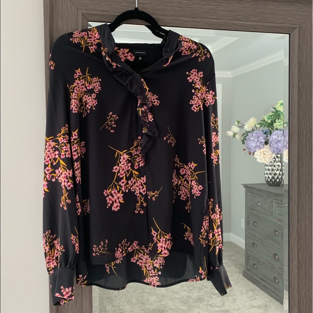 Navy button down blouse with pink floral & ruffle